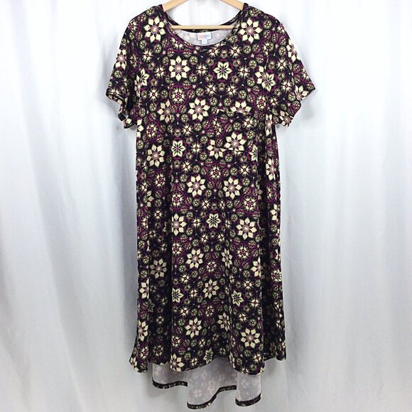 Lularoe Carly Dress Women's Size XL Black Purple Floral Short Sleeve Hi Low - Picture 1 of 6